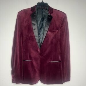 ASOS Burgundy Velvet Blazer Dinner Jacket Men's 38R Black Trim Sport Coat Tuxedo